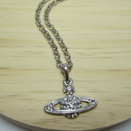 Silver White Full Diamond Small Saturn Necklace - B8008