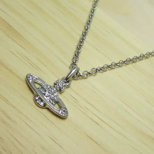 Silver White Full Diamond Small Saturn Necklace - B8008