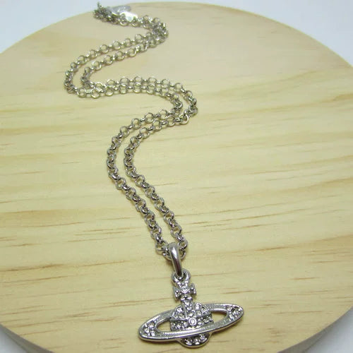 Silver White Full Diamond Small Saturn Necklace - B8008