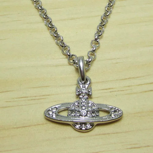 Silver White Full Diamond Small Saturn Necklace - B8008