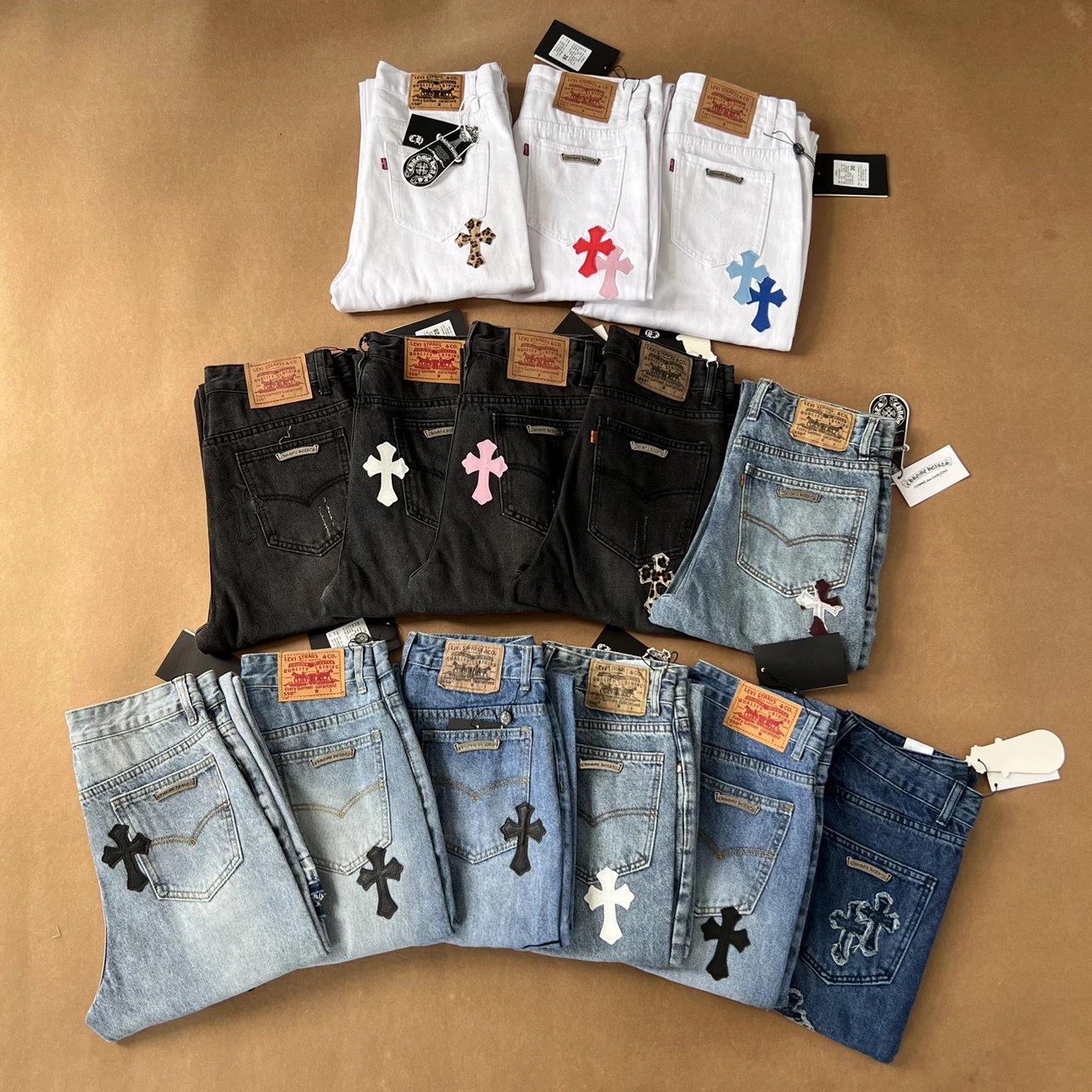 Classic Hit Cross Veneer Washed Distressed Jeans Trousers Male and Female Couples