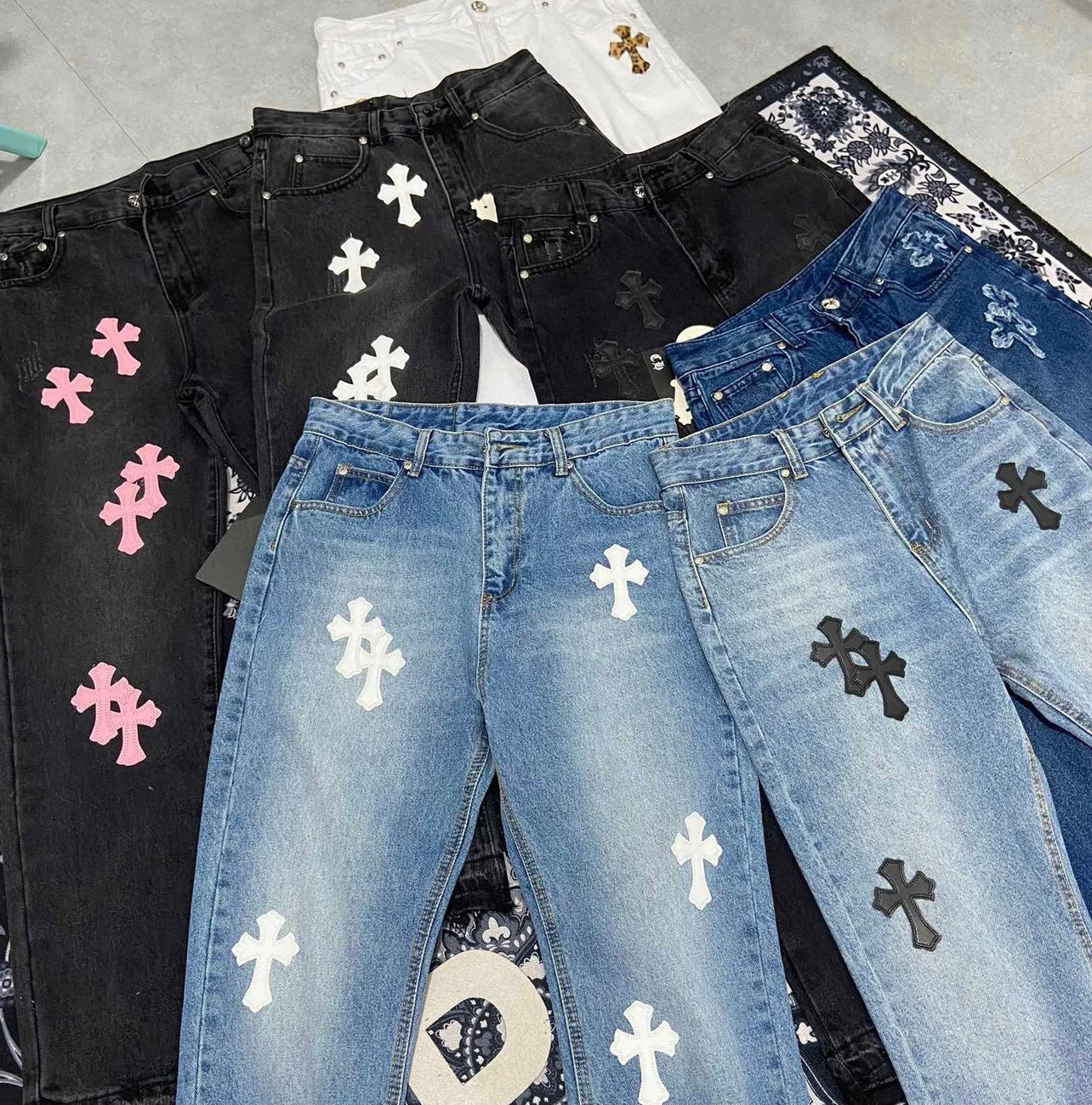 Classic Hit Cross Veneer Washed Distressed Jeans Trousers Male and Female Couples